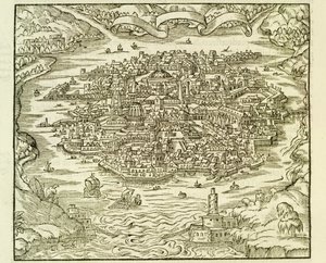 Cidade de Quinsai (agora Tianjin), gravura de La Cosmographie Universelle (Cosmografia Universal) de Andre Thevet