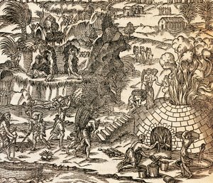 Escravos indianos a trabalhar na mina em Cuba, Ilustração da Cosmografia de Andre Thevet, gravura de Andre Thevet