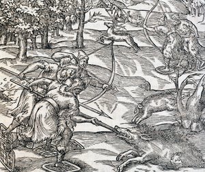 Caça ao javali indígena, gravura da Cosmologia Universal, de Andre Thevet (1504-1592), Paris de Andre Thevet