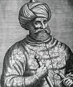 Retrato de Khayr al-Din, conhecido como Barbarossa (1465-1546), corsário e almirante turco, gravura de Andre Thevet (1502-1590) de Andre Thevet