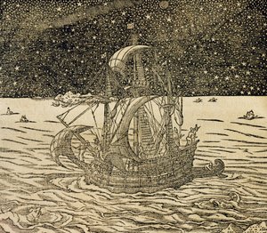 Marinheiros seguindo a rota do norte, gravura da Cosmologia Universal, de Andre Thevet (1504-1592), Paris de Andre Thevet