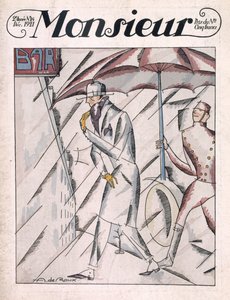 Homem de capa de chuva, capa da revista "Monsieur", número 24, pub. Dezembro de 1921 (impressão pochoir) de Andre de Roux