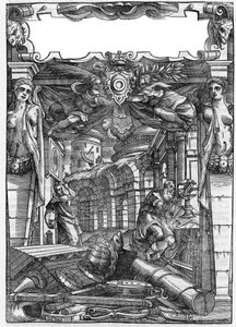 Placa retirada do livro "De architectura", trata da arquitectura de Marcus Vitrubius Pollio dit Vitruvio (século I a.C.), arquitecto romano. Edição italiana de 1556. Gravura após desenho de Palladio. de Andrea (after) Palladio