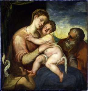 A Sagrada Família com João Batista par Schiavone, Andrea (ca. 1520-1582). Óleo sobre tela, tamanho : 98x93, , Castelo de Praga de Andrea Schiavone