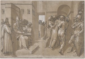 Pilatos à esquerda lavando as mãos lado esquerdo do lençol, 1585. de Andrea Andreani