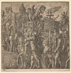 O triunfo de Júlio César: estátuas colossais e equipamento de cerco, 1593-99. de Andrea Andreani