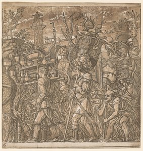 O triunfo de Júlio César: soldados carregando vasos e troféus de guerra, 1593-99. de Andrea Andreani