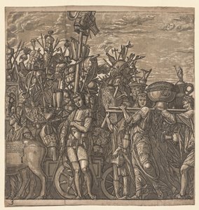 O triunfo de Júlio César: soldados marchando com troféus de guerra de Andrea Andreani