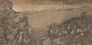 A travessia do mar vermelho, Moisés fica à esquerda apontando para o exército sendo submerso..., 1589. de Andrea Andreani