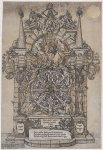 Triunfo da Morte com três destinos em uma moldura arquitetônica sobre um flanco de roda da fortuna..., 1588. de Andrea Andreani