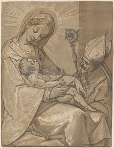 Madonna e criança com um bispo de Andrea Andreani after Alessandro Casolani