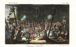 Cerimónia de casamento de brahmin hindu ou Bibaha realizada na casa da esposa. Chapa de cobre colorida à mão desenhada e gravada por Andrea Bernieri, depois de François Solvyns dos trajes antigos e modernos de Giulio Ferrario de todos os povos do mundo, Fl de Andrea Bernieri
