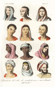 Retratos de diferentes castas indianas: Brahmins 1.2, Kshatriyas ou Khatri, Punjabi casta mercantil 3.4, Vaisyas 5.6, Sudras 7.8, Hindus da Alta Índia 9,10, e Mughals 11,12. Gravura em chapa de cobre colorida à mão por Andrea Bernieri depois de François So de Andrea Bernieri
