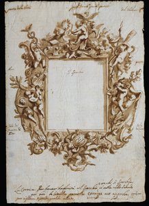 Desenho ortogonal para moldura alegórica, ca. 1700, de Andrea Brustolon (1662-1732), caneta aquarelada sobre papel branco, Itália de Andrea Brustolon