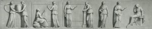 Um painel grisaille com figuras femininas, incluindo musas.