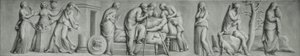 Um painel grisaille, retratando a cena da morte de Meleager