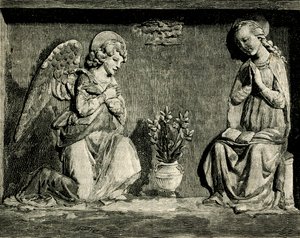 Anunciação, por Andrea Della Robbia (1435-1525 ou 1528), oratória da Madonna del Buon Consiglio, Prato, Toscana, Itália, talha de Le cento citta d