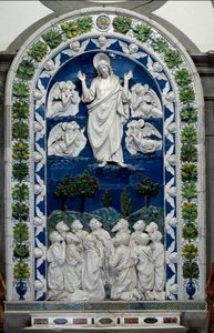 Ascensão de Jesus ao Céu com Nossa Senhora e Onze Apoles Alívio de Baixa Cerâmica por Andrea della Robbia (1435-1525) cerca de 1490 Dim. 475 x 305 cm Santuario della Verna, Itália