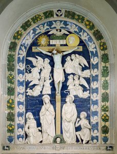 A crucificação com São Francisco de Assis, São João Evangelista e São Jerônimo Inscrito INRI (I.N.R.I.) na cruz. Cerâmica em alto relevo de Andrea della Robbia (1435-1525) por volta de 1481 Dim. 565x420 cm Santuario della Verna, Itália
