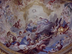 Coroação de Virgem, afresco pintado em 1699 por Andrea Lanzani (1641-1712) do coro do Santuário de Incoronata, Lodi. Itália de Andrea Lanzani