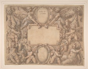 Uma cartela e dois escudos cercados por figuras alegóricas., 1570-1631. de Andrea Lilli