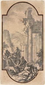 Figuras perto das ruínas de um templo coríntio (reto)