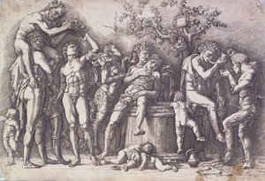 Um bacanal com uma prensa de vinho, c. 1475 de Andrea Mantegna