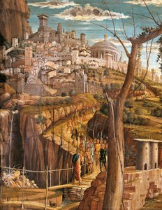 Agonia no Jardim por Andrea Mantegna (1431-1506), tempera sobre madeira, 71x94 cm, vista detalhada de Jerusalém de Andrea Mantegna