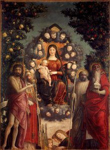 Altarpiece Trivulzio "A Santa Conversa" A Virgem e Jesus Cristo representados em um mandorla. Eles estão rodeados por São João Batista, Papa São Gregório I o Grande (540-604), São Jerônimo (levando uma igreja e livros), São Bento (dre de Andrea Mantegna