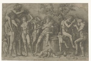 Bacanal com sátiros e bacanais em lagar de vinho de Andrea Mantegna