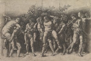 Bacanal com Silenus, uma composição de frisos com dez algarismos ao redor de Silenus que é ..., no início dos anos 1470. de Andrea Mantegna