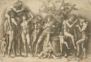 Bacanal com uma cuba de vinho, c.1470-90 (gravura e ponta seca) de Andrea Mantegna
