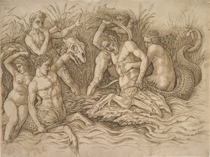 Batalha dos Deuses do Mar metade direita, ca. 1485-88. de Andrea Mantegna