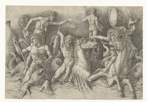 Batalha dos Deuses do Mar, com Inveja (Invidia) à esquerda Batalha entre sátiros montados no hipocampo e a velha como personificação da inveja em pé nas costas do dragão Batalha dos Deuses do Mar de Andrea Mantegna