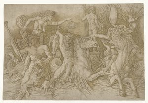 Batalha entre sátiros montados no hipocampo e a velha como personificação da inveja em pé nas costas do dragão Batalha dos Deuses do Mar de Andrea Mantegna