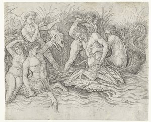Luta entre tritões com nereidas nas costas
Batalha de deuses marinhos de Andrea Mantegna