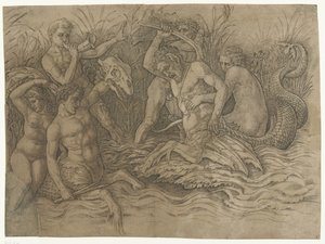 Luta entre tritões com nereidas nas costas
Batalha de deuses marinhos de Andrea Mantegna