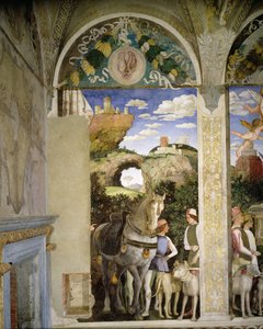 Cavalo e noivo com cães de caça, da Camera degli Sposi ou Camera Picta, 1465-74 (detalhe de 78449)