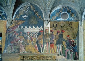 O marquês Ludovico Gonzaga III, sua esposa Barbara de Brandemburgo, seus filhos, cortesãos e seu cão Rubino, da Camera degli Sposi ou Camera Picta, 1465-74 de Andrea Mantegna