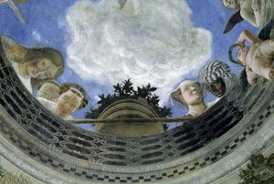 Occulus do teto da Casa dos Cônjuges, Palácio Ducal de Mântua, Itália (Camera degli Sposi, Palazzo Ducale, Mantova): detalhe de figuras alegóricas e putti. Afresco de Andrea Mantegna (1431-1506) de Andrea Mantegna