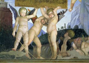 Putti com asas de borboleta apoiando a placa dedicatória, da Camera degli Sposi ou Camera Picta, detalhe afresco 1465-74 de 78449