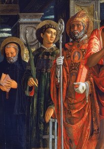 Altar de San Zeno. Detalhe do lado direito. 1457-1460. O detalhe mostra Agostinho de Hipona, Laurêncio de Roma e Bento de Nursia de Andrea Mantegna