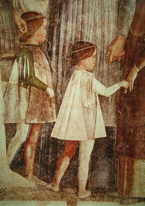 A chegada do cardeal Francesco Gonzaga, saudada por seu pai, o marquês Ludovico Gonzaga III e seus irmãos, detalhe dos filhos de Gonzaga, c. 1465-74 (detalhe de 78454) de Andrea Mantegna