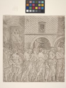 Os Senadores - O Triunfo de Júlio César (gravura em papel de creme) de Andrea Mantegna