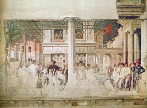 O martírio de São Cristóvão e o movimento de seu corpo (antes da restauração), c.1450-56 de Andrea Mantegna
