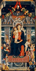 Entronizado virgem, detalhe da parte central do Altar de San Zeno de Andrea Mantegna (1431-1506), madeira, 220x115 cm, Basílica de San Zeno, Verona de Andrea Mantegna