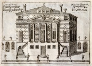 Fachada principal de Villa Foscari conhecida como La Malcontenta, Mira, desenhada por Andrea Palladio (1508-1580), gravada ao longo do Canal Brenta, quase bairro da cidade de Veneza, por Vincenzo Coronelli (1650-1718), Veneza