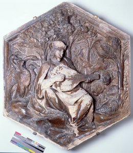 Poesia, azulejo decorativo em relevo hexagonal de uma série que retrata as Sete Artes Liberais, possivelmente baseado em desenhos de Giotto (c.1266-1337) c.1334-48 (mármore)