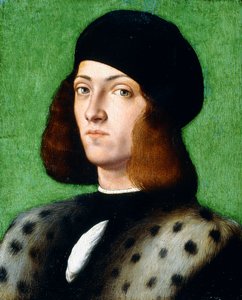 Retrato de um jovem cavalheiro, comprimento do busto, vestindo um boné preto e casaco preto, 1506