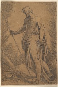 Um apóstolo segurando um bastão voltado para a esquerda, ca. 1540-60.
